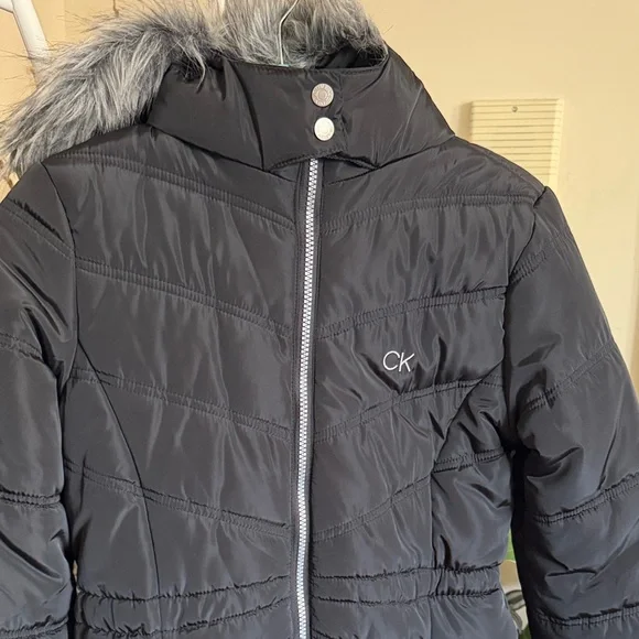 Calvin Klein Kids Black Puffer Coat with Fur Hood - Picture 3 of 16